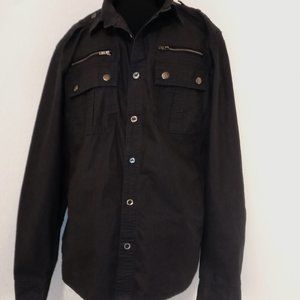 PD&C Men's Collared Long Sleeve Button Up Dark Gray Shirt Reinforced Elbow